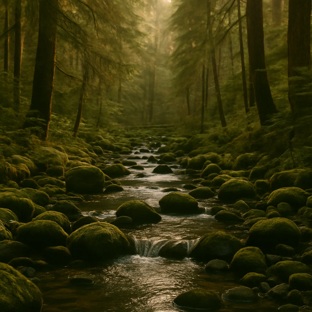 A narrow stream flows over many moss-covered rocks in a misty, dark green forest.