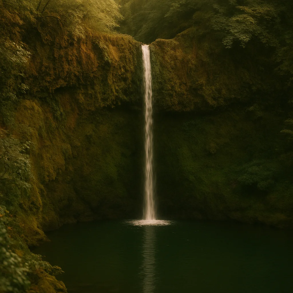 A tall, narrow waterfall plunges into a dark green pool surrounded by lush, mossy cliffs.