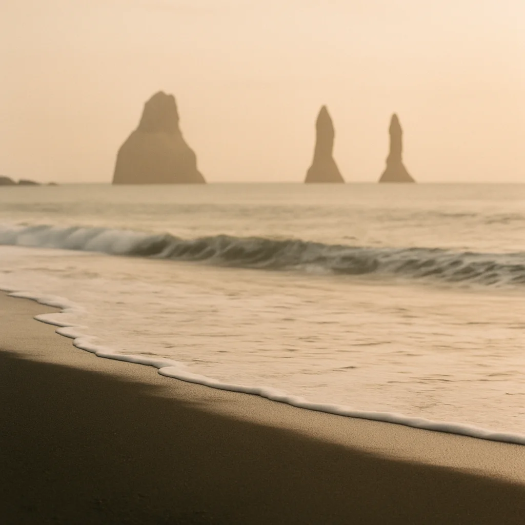 A misty morning at a dark sand beach with waves and distant sea stacks.