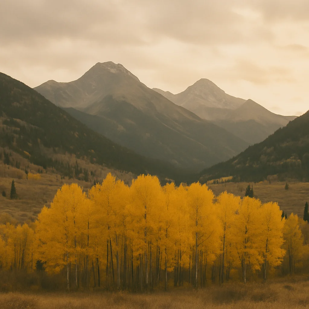Vibrant golden aspen trees in a valley with dark mountains under a muted sky.
