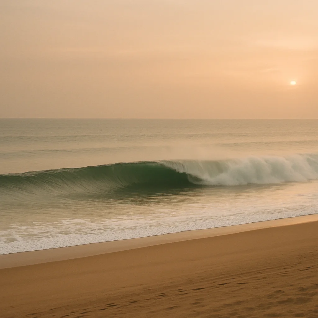 A large green ocean wave crests and breaks on a wide sandy beach at sunrise.