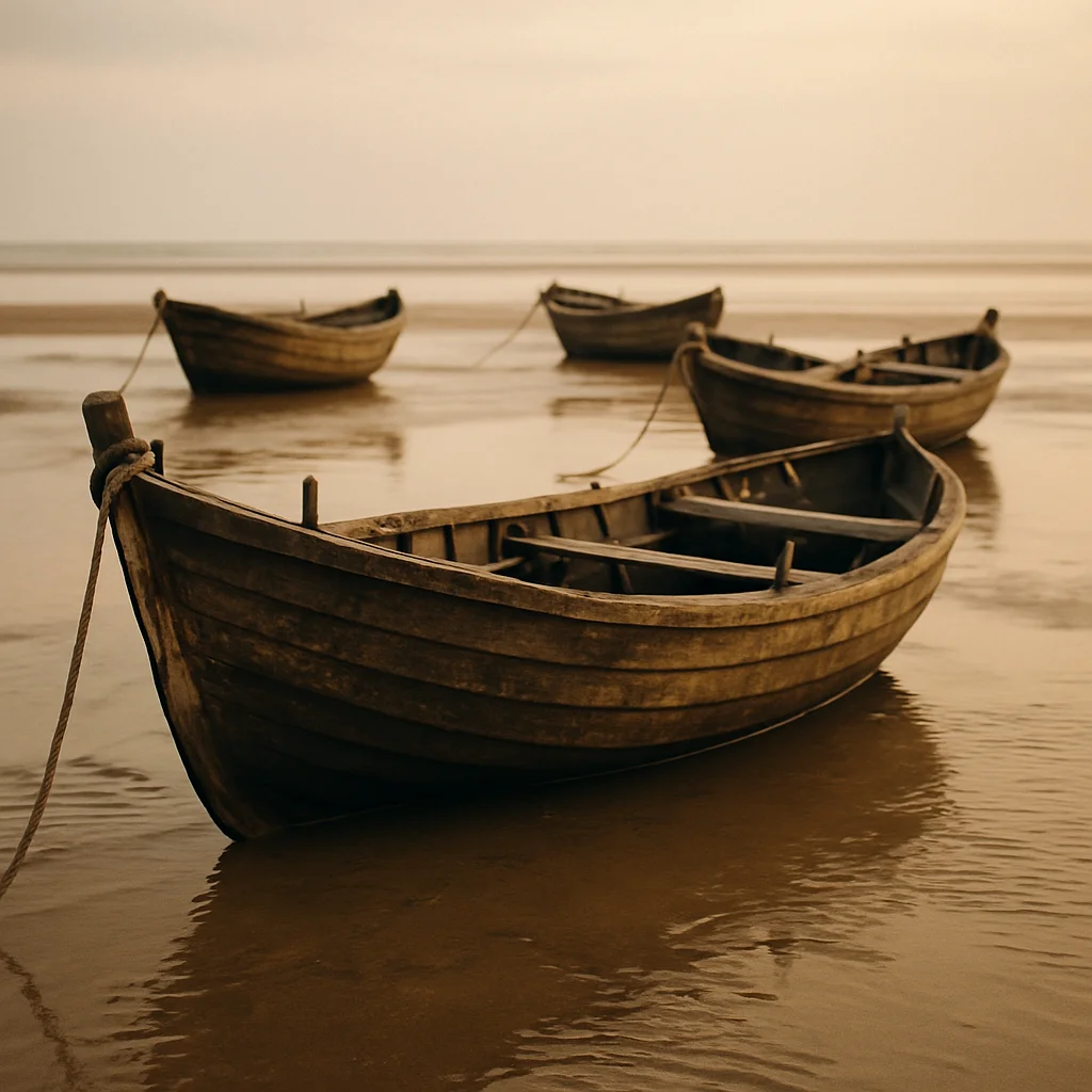 Several rustic wooden boats rest on a reflective sandy beach under a soft, muted sky.