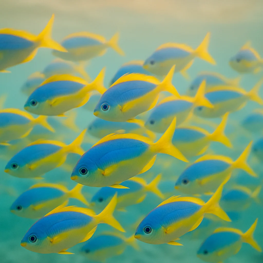 A large school of small blue and yellow fish swimming together in clear water.