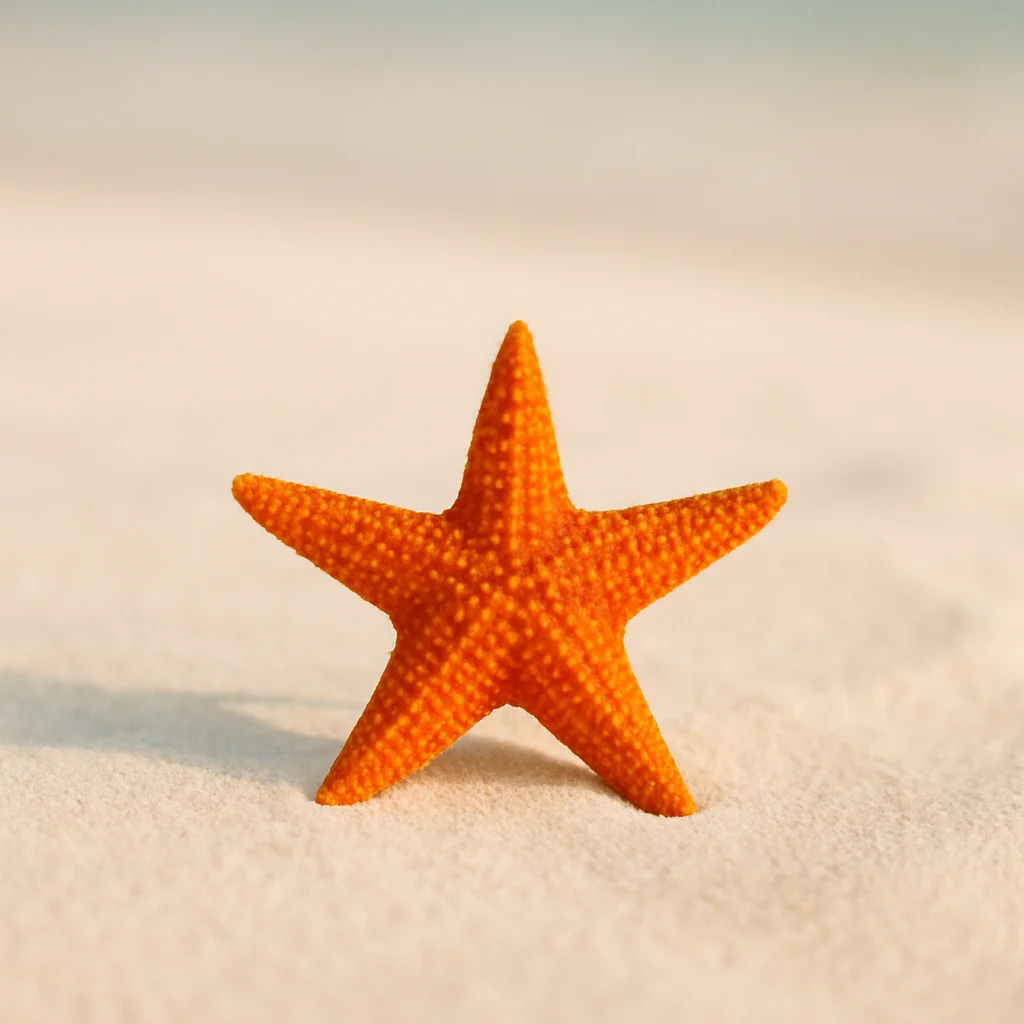 A vibrant orange starfish stands upright on light-colored sand with a blurry background.