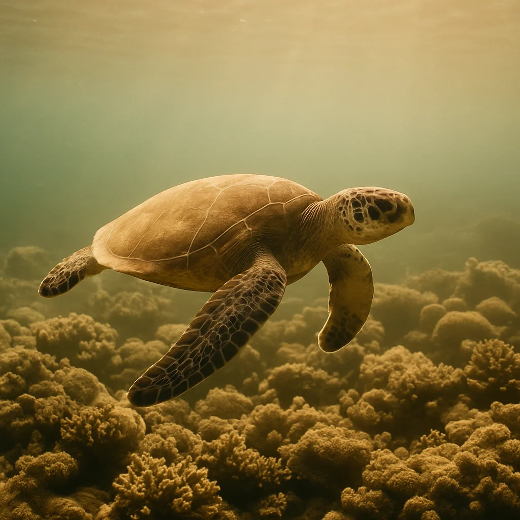 Jigsaw puzzle: A green sea turtle swims gracefully above a brown coral reef in sunlit water.