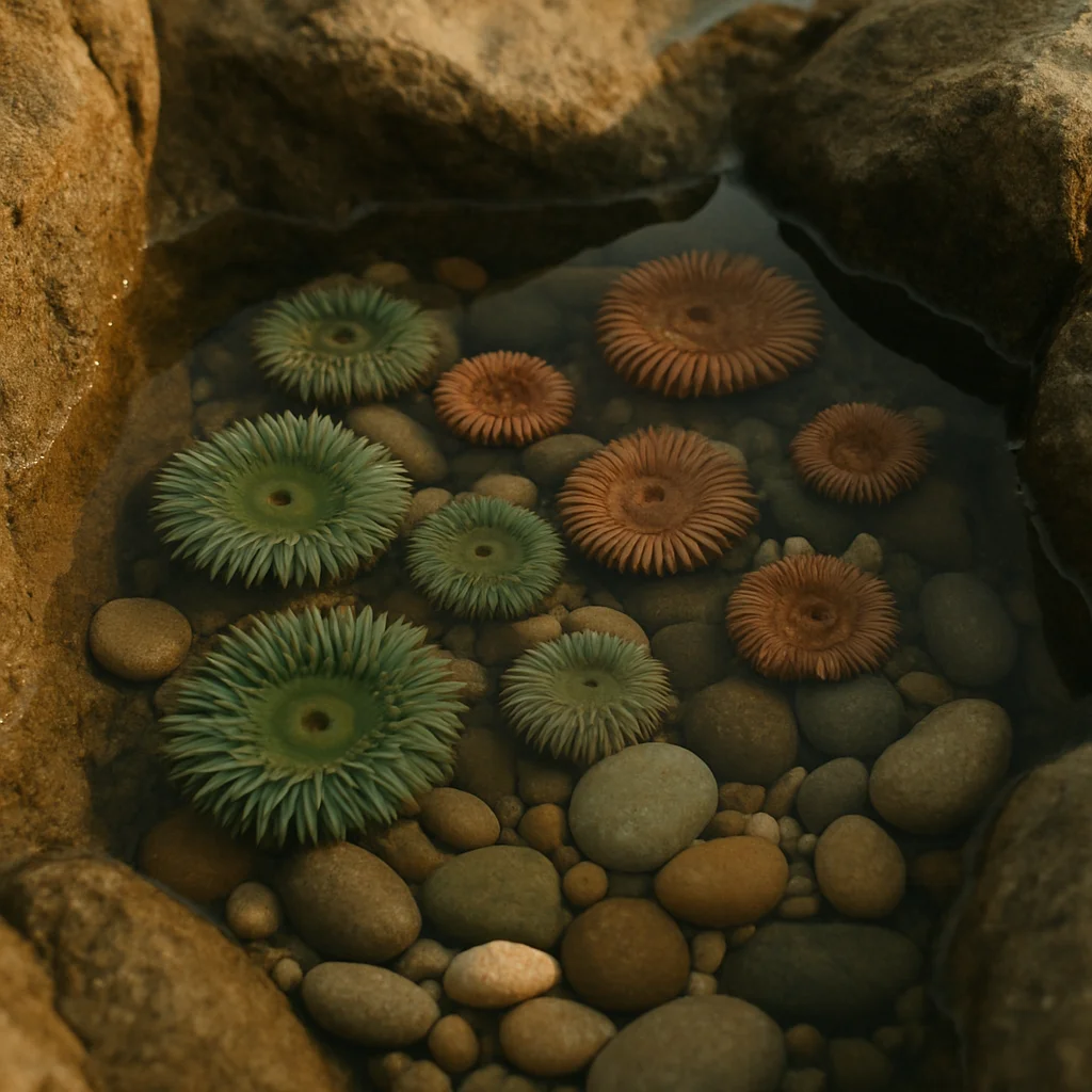 Jigsaw puzzle: Green and orange sea anemones are nestled among smooth pebbles in a clear tide pool.