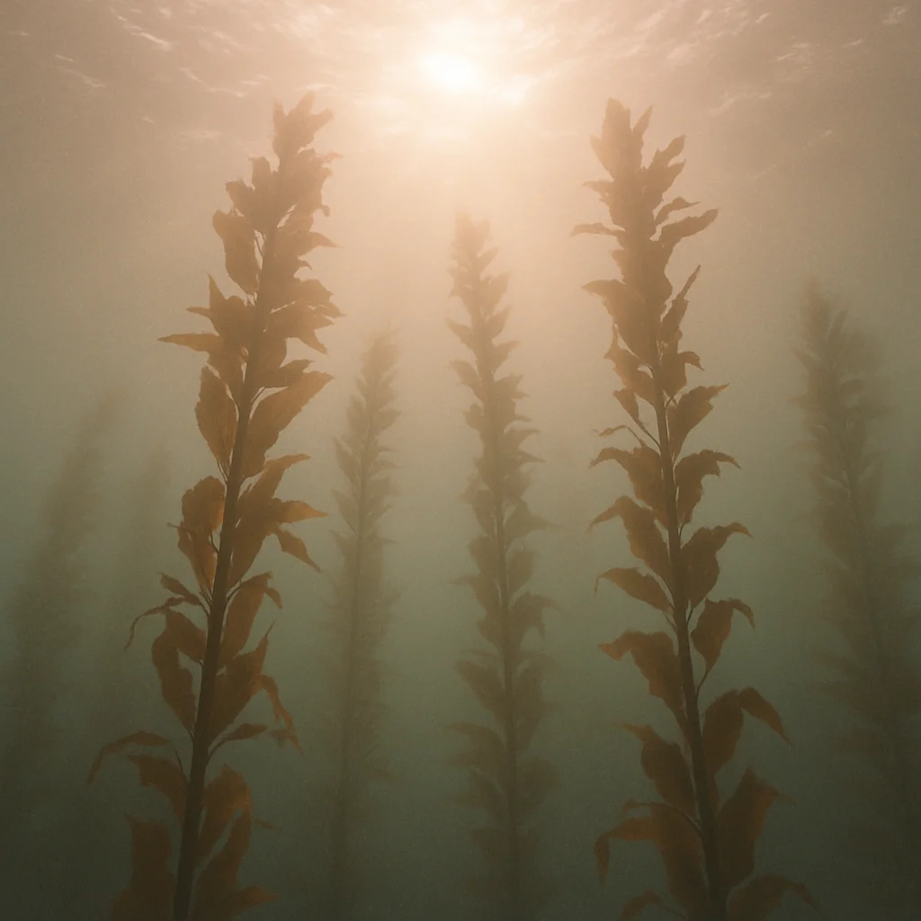 Tall, leafy kelp stalks rise from the ocean floor towards bright sunlit surface.