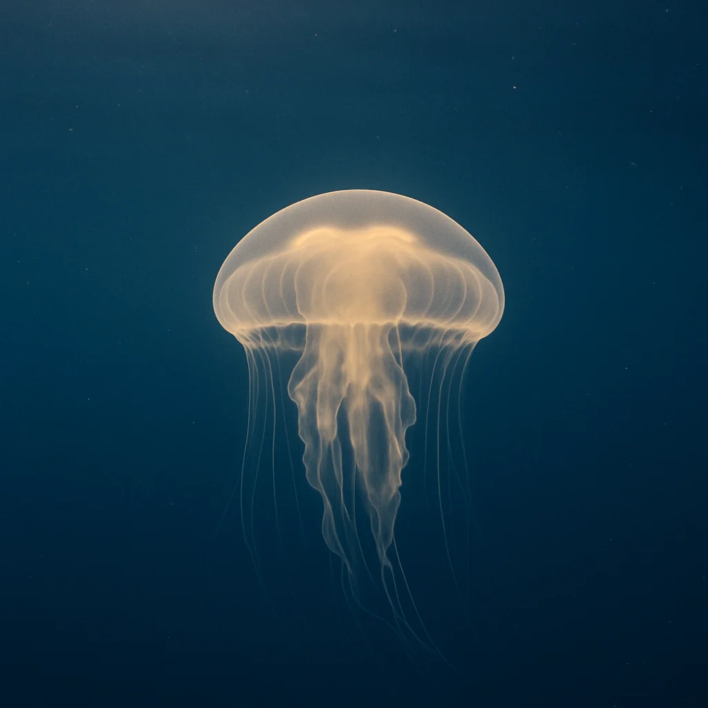 Jigsaw puzzle: A glowing, bell-shaped jellyfish with flowing tentacles drifts gracefully in deep blue ocean water.
