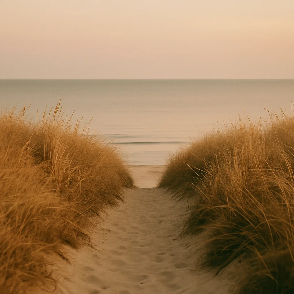 Jigsaw puzzle: A sandy path winds through tall golden dune grasses leading to a calm, pastel-colored ocean.