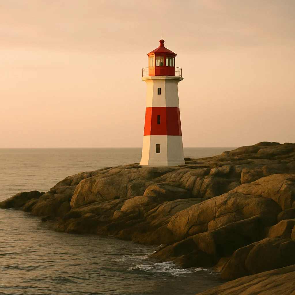 A red and white striped lighthouse stands proudly on a rocky coast overlooking the ocean.