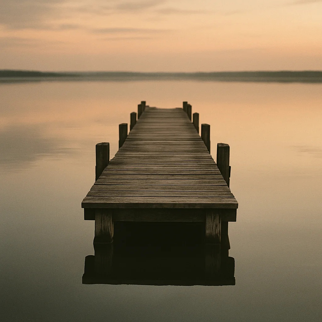 A long wooden pier extends straight into tranquil water under a hazy, orange-toned sky.