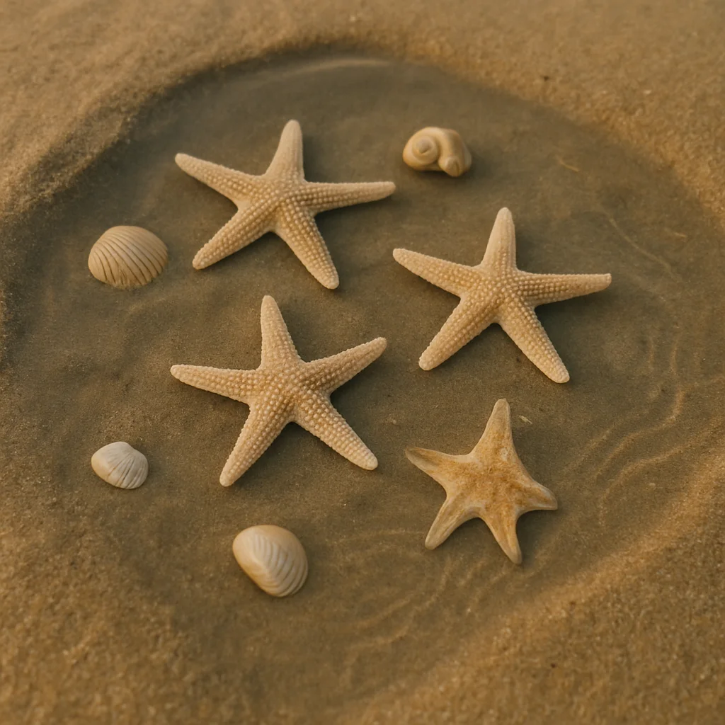 Four starfish and several small seashells rest in a shallow pool on wet sand.