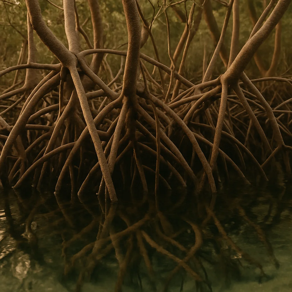 Numerous brown mangrove roots emerge from dark water, their reflections visible below.