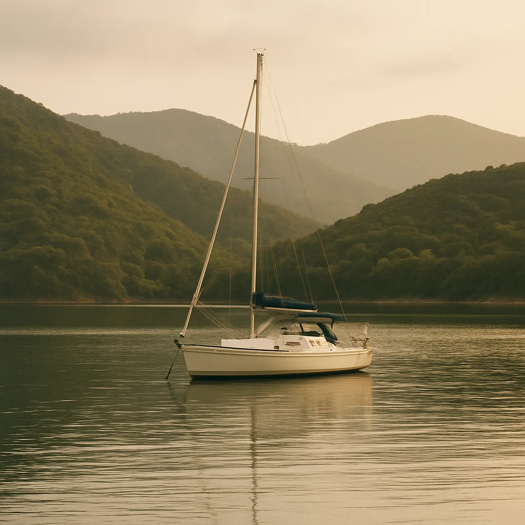 A white sailboat with a blue cover rests on calm water before hazy green mountains.