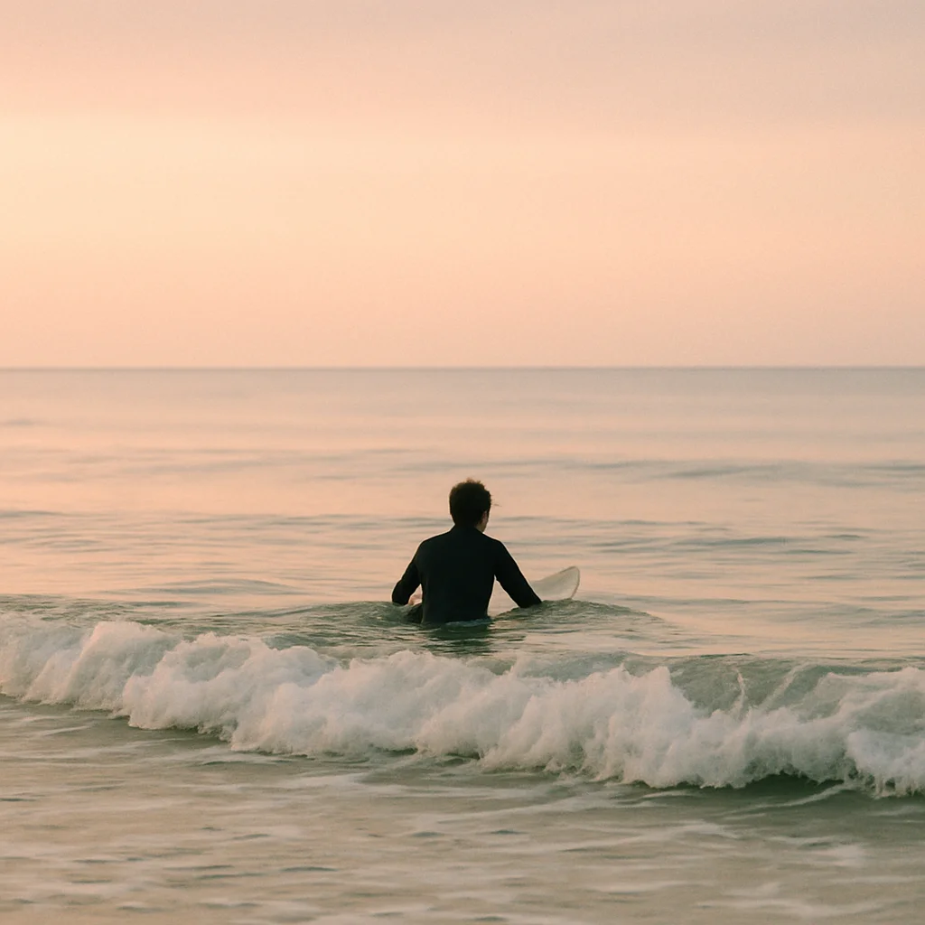 A surfer in a wetsuit sits on a surfboard in calm ocean water at dawn.