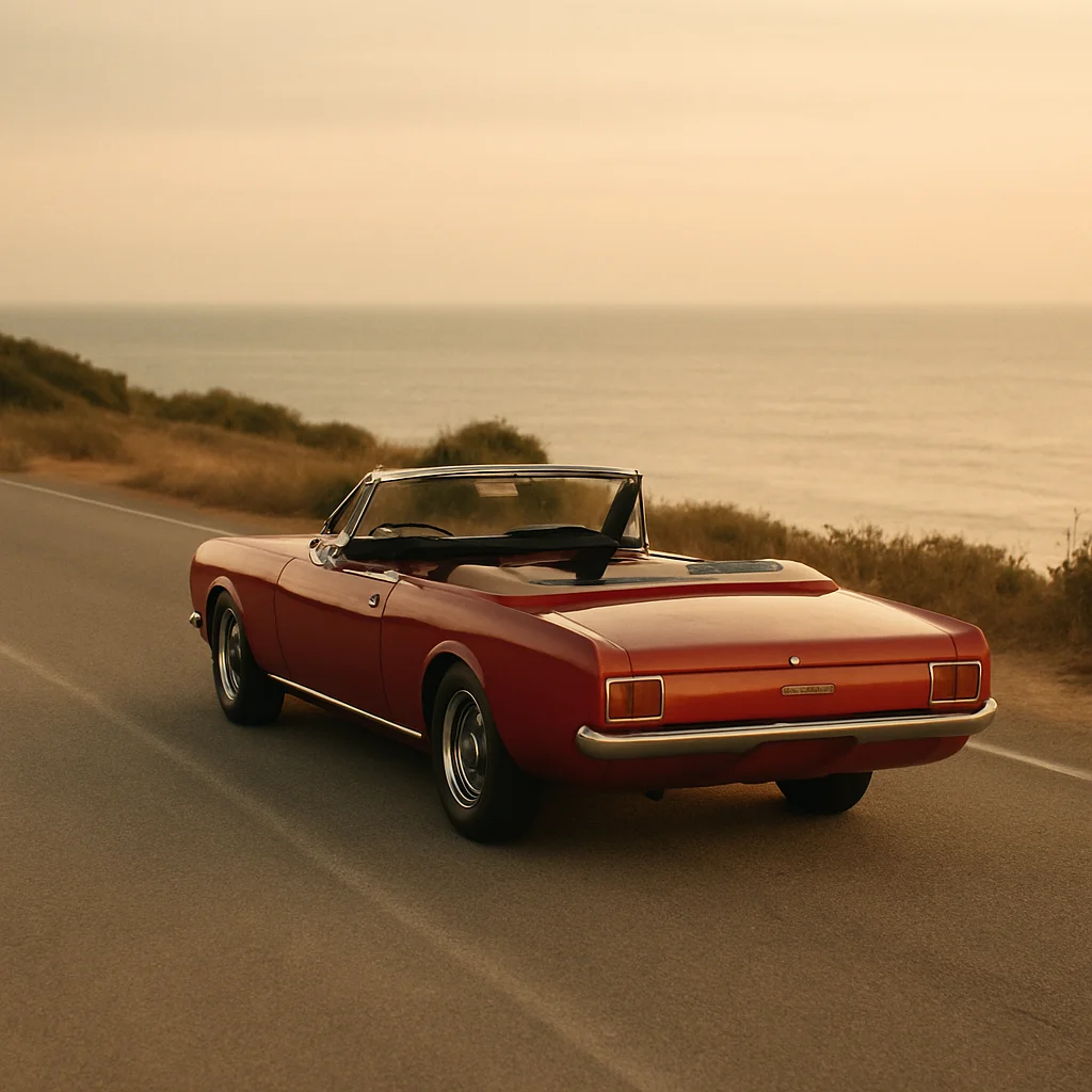 A vintage red convertible car drives along a coastal road with the ocean in the background.