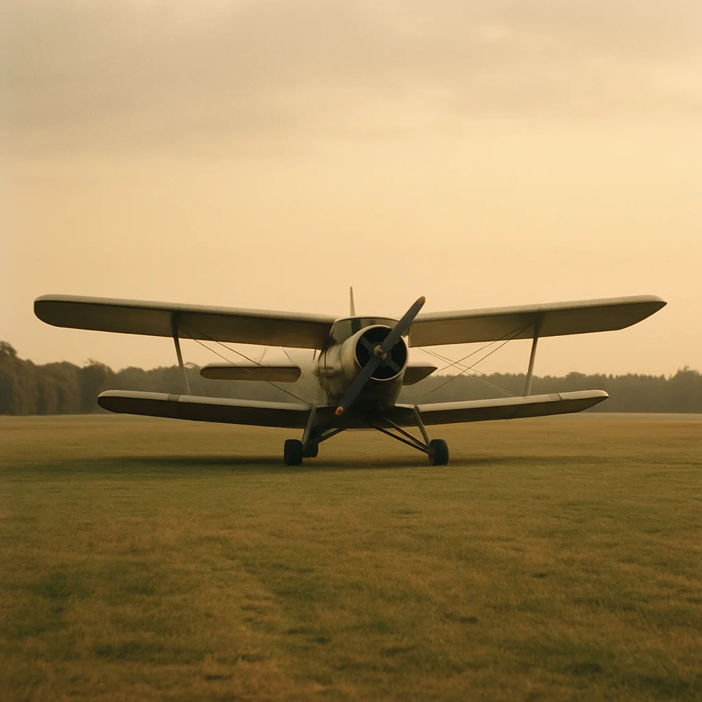 A vintage biplane with a propeller stands on a green grassy airfield under a hazy sky.