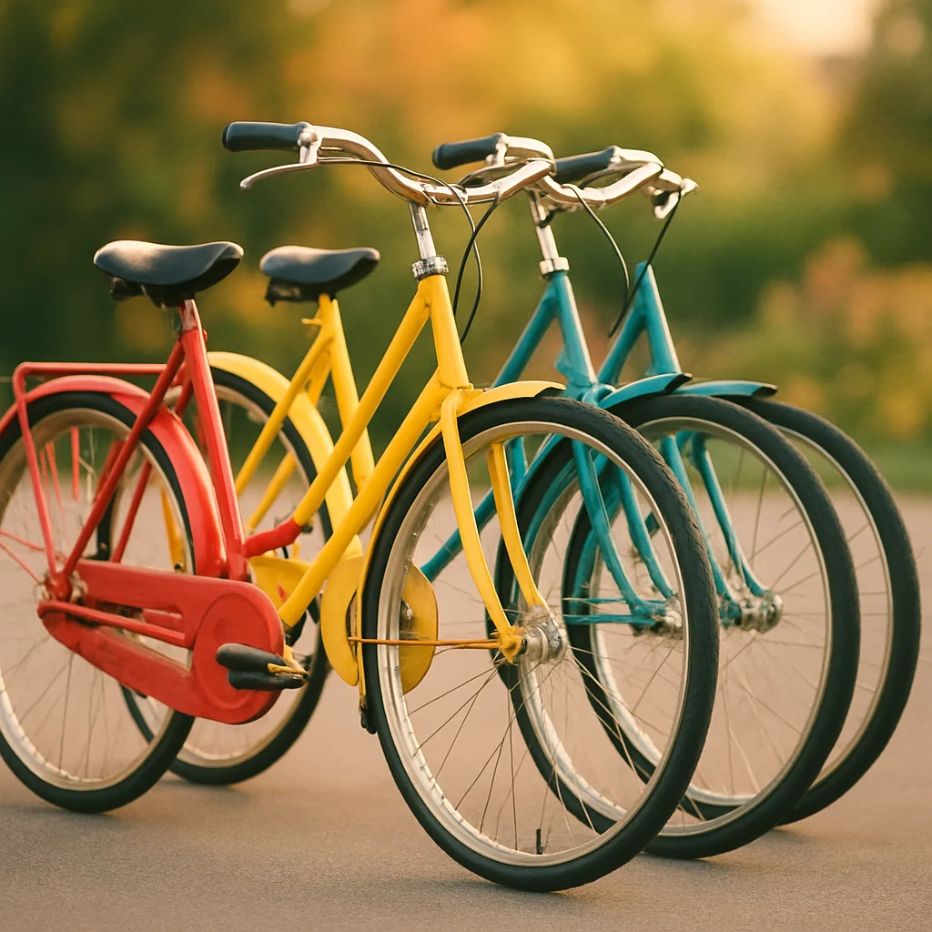 Three bicycles in red, yellow, and blue are parked side-by-side on a paved path.