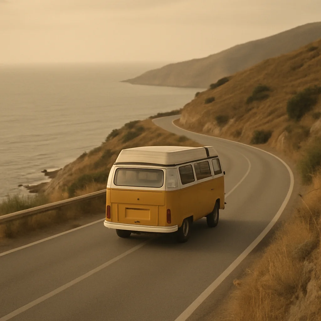 Jigsaw puzzle: A vintage yellow camper van drives along a winding coastal road beside the calm sea.