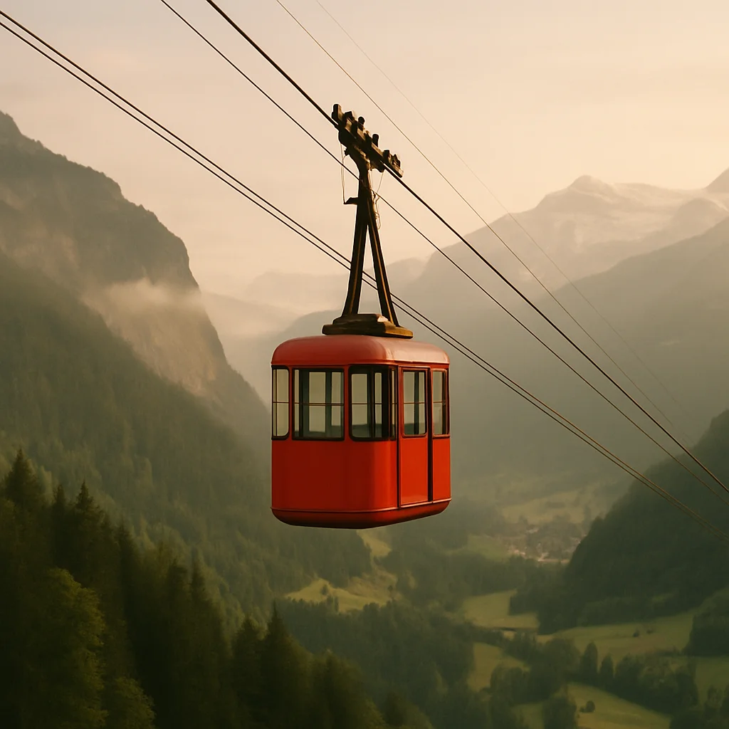 Jigsaw puzzle: A vibrant red cable car carriage glides high above a lush green mountain valley.
