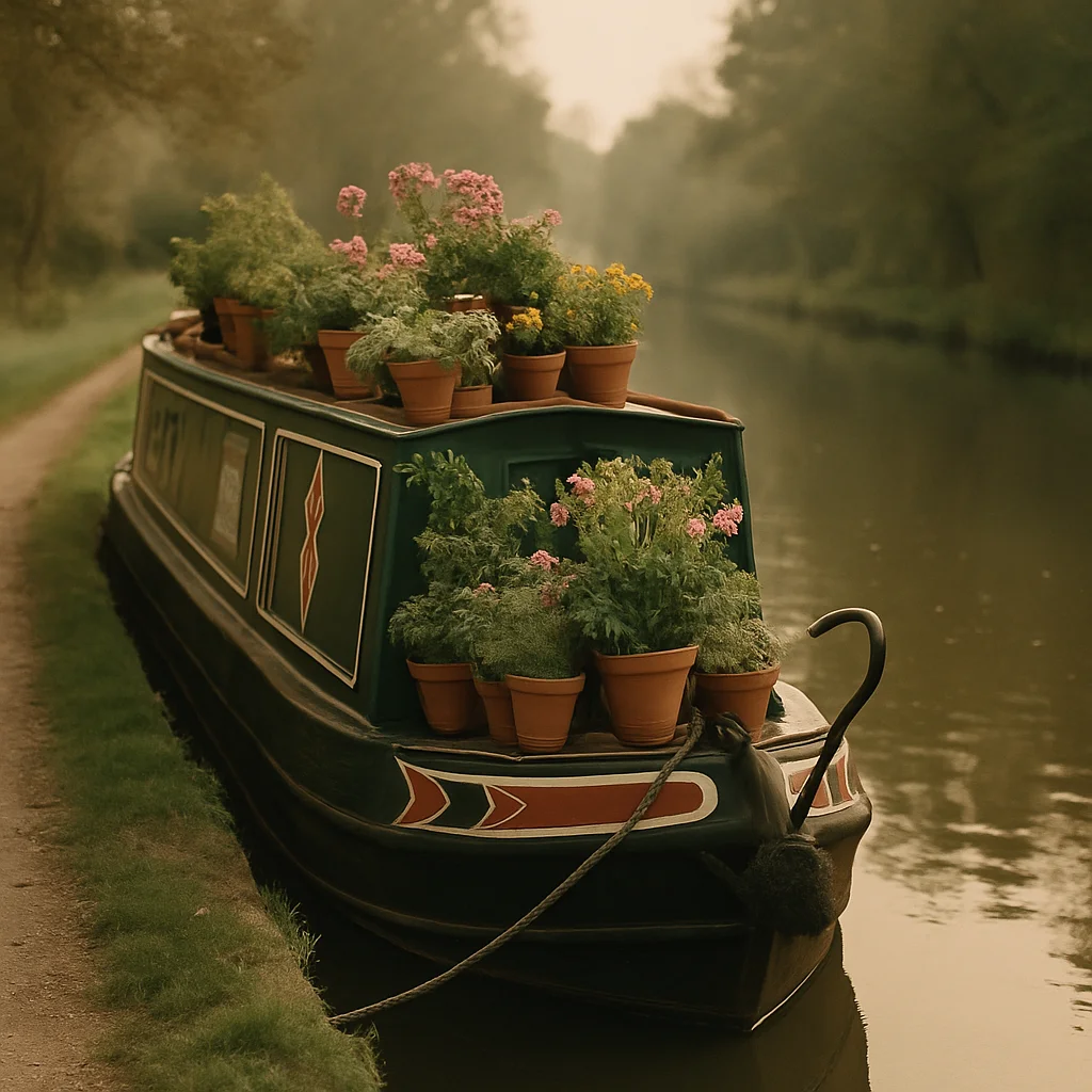 Jigsaw puzzle: A charming narrowboat adorned with numerous potted plants is moored on a calm canal.