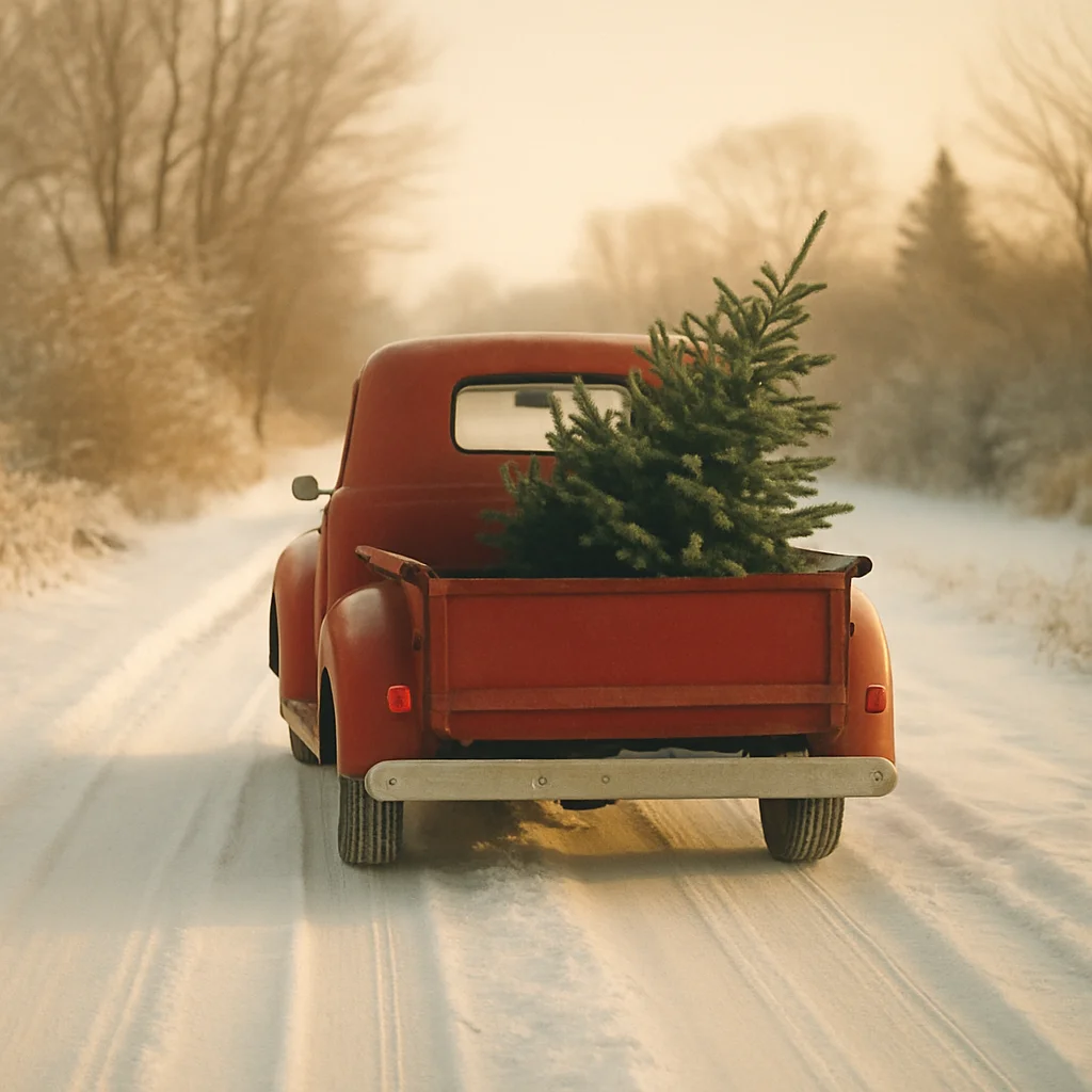 Jigsaw puzzle: A vintage red pickup truck drives down a snowy road with a Christmas tree.