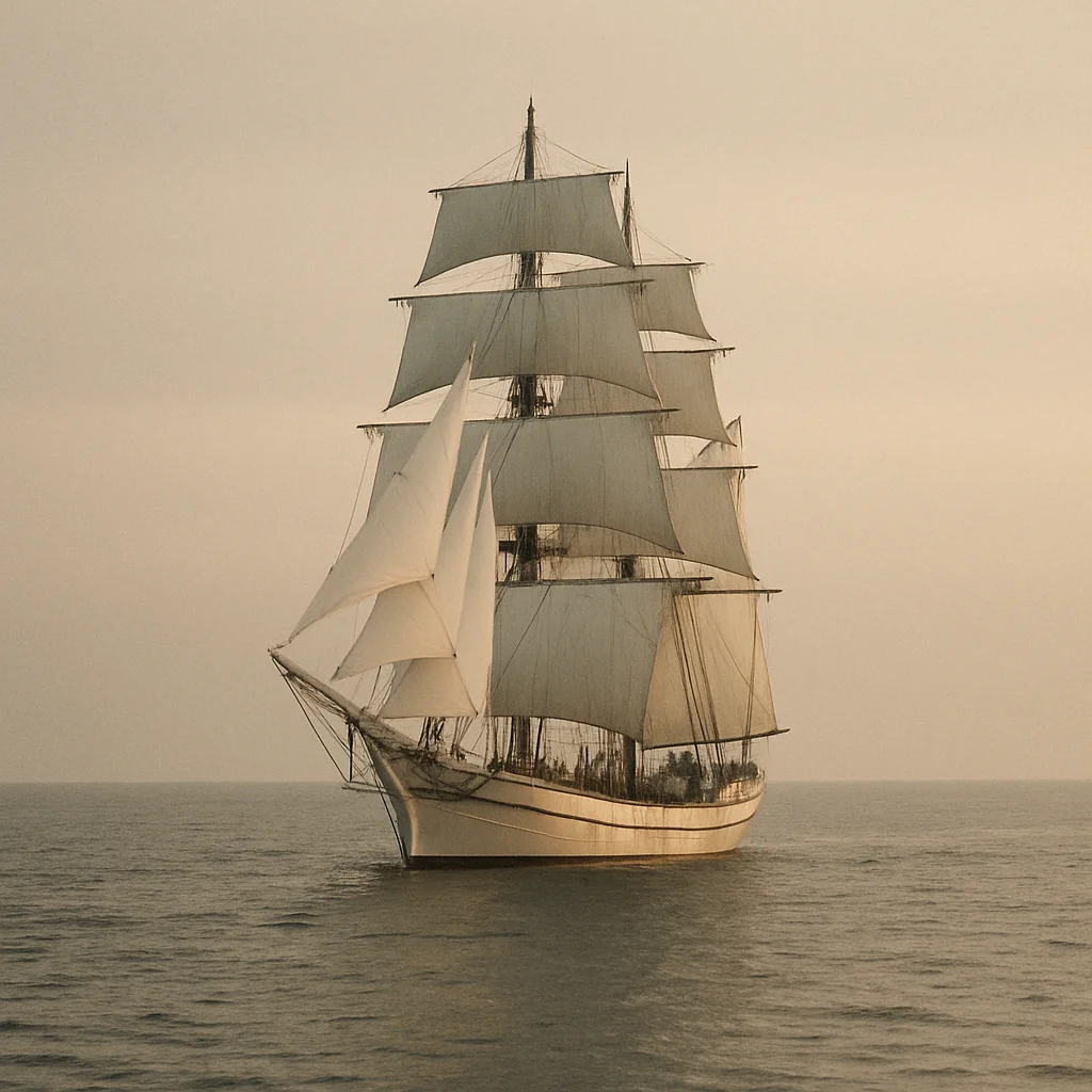 Jigsaw puzzle: A majestic multi-masted sailing ship with white sails glides across tranquil seas.