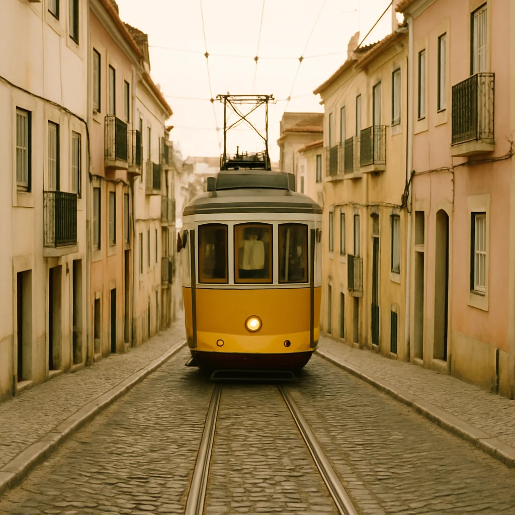 A classic yellow tram ascends a narrow, cobbled street in a historic European city.