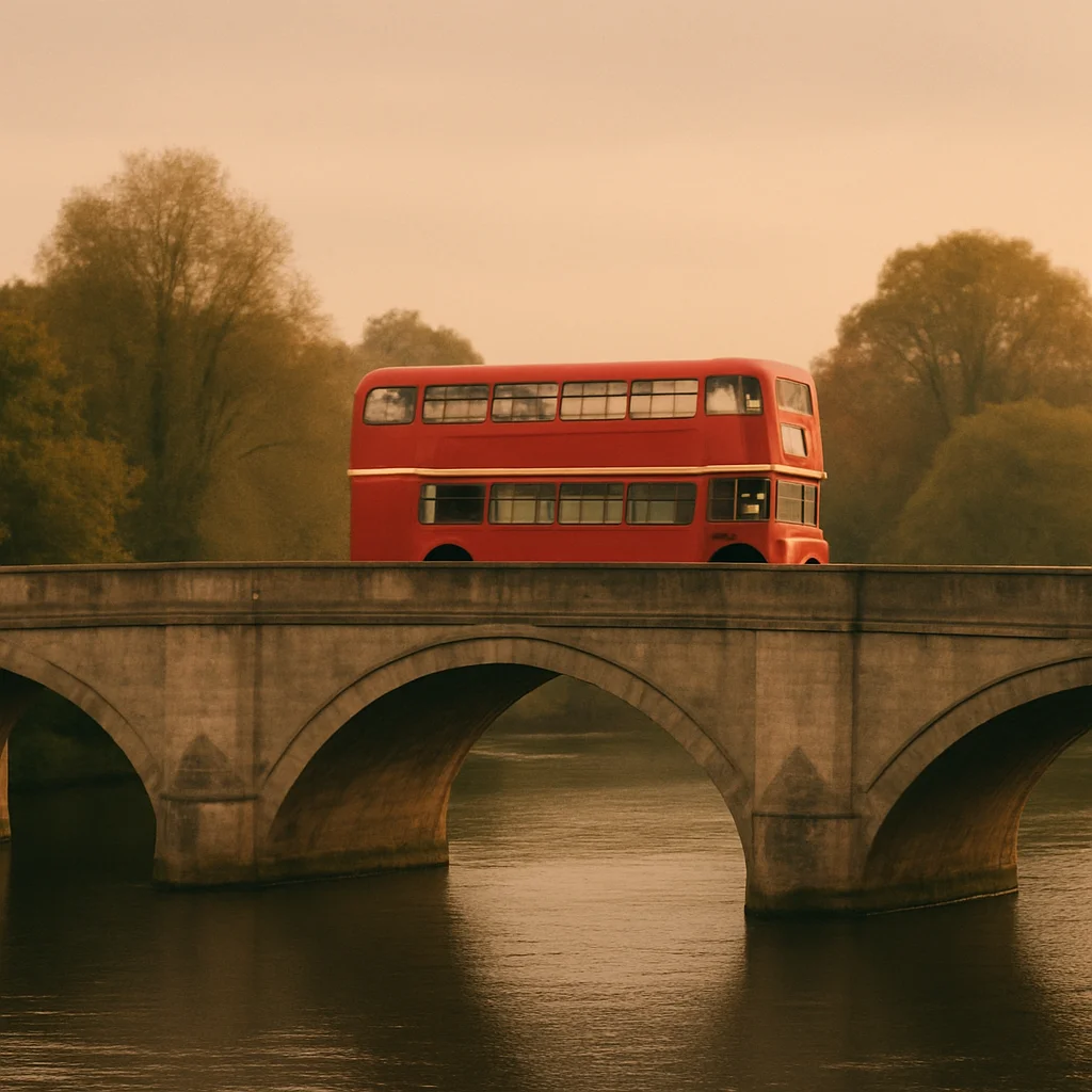 Jigsaw puzzle: A red double-decker bus drives across an old stone arched bridge over a river.