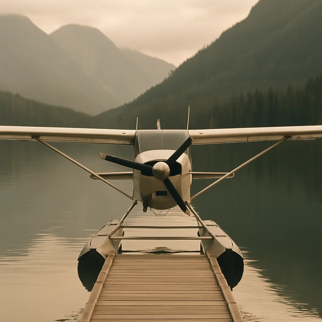 Jigsaw puzzle: A white seaplane with a propeller is docked on a calm lake.