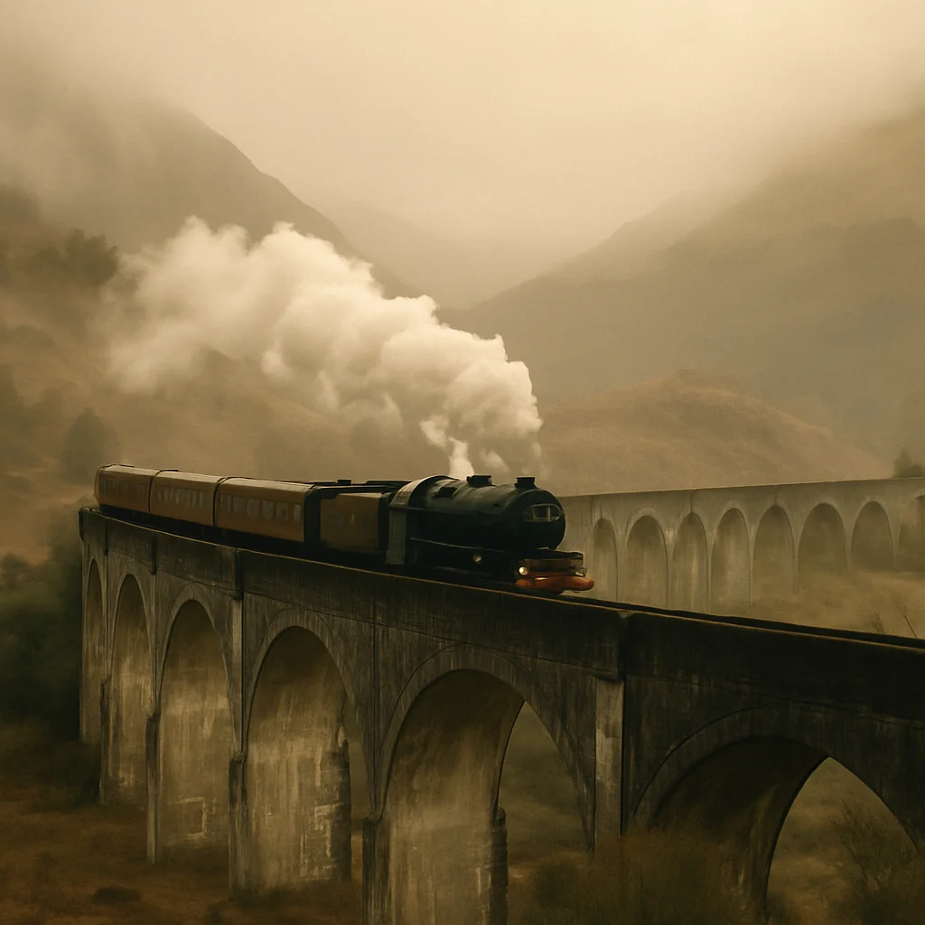 A steam train crosses a stone viaduct in a misty, mountainous landscape.