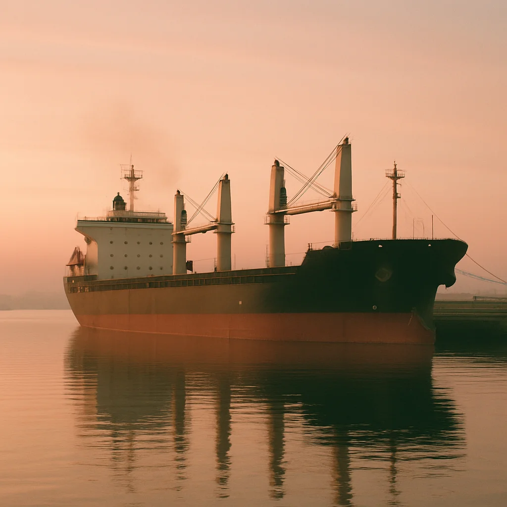 A large cargo ship with red hull on calm water under a warm sky.