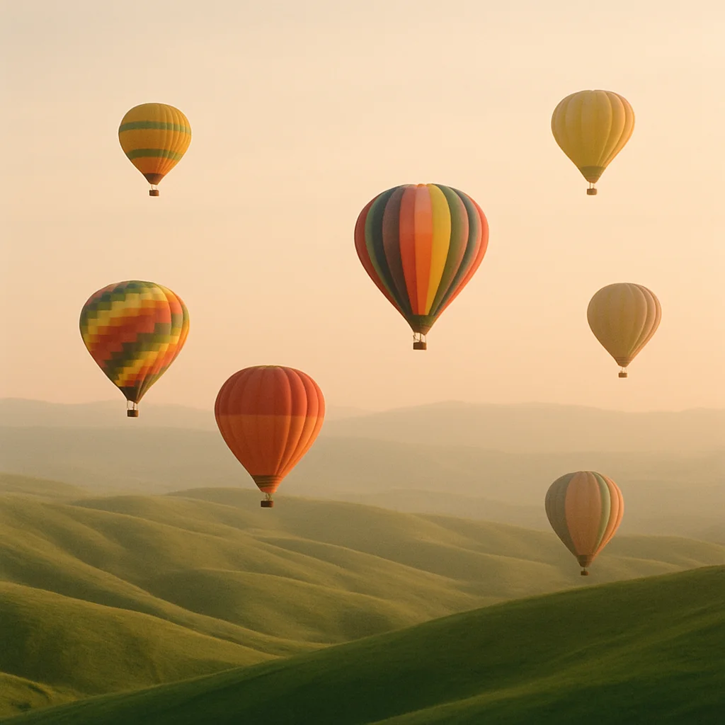 Seven colorful hot air balloons float above rolling green hills under a golden sky.