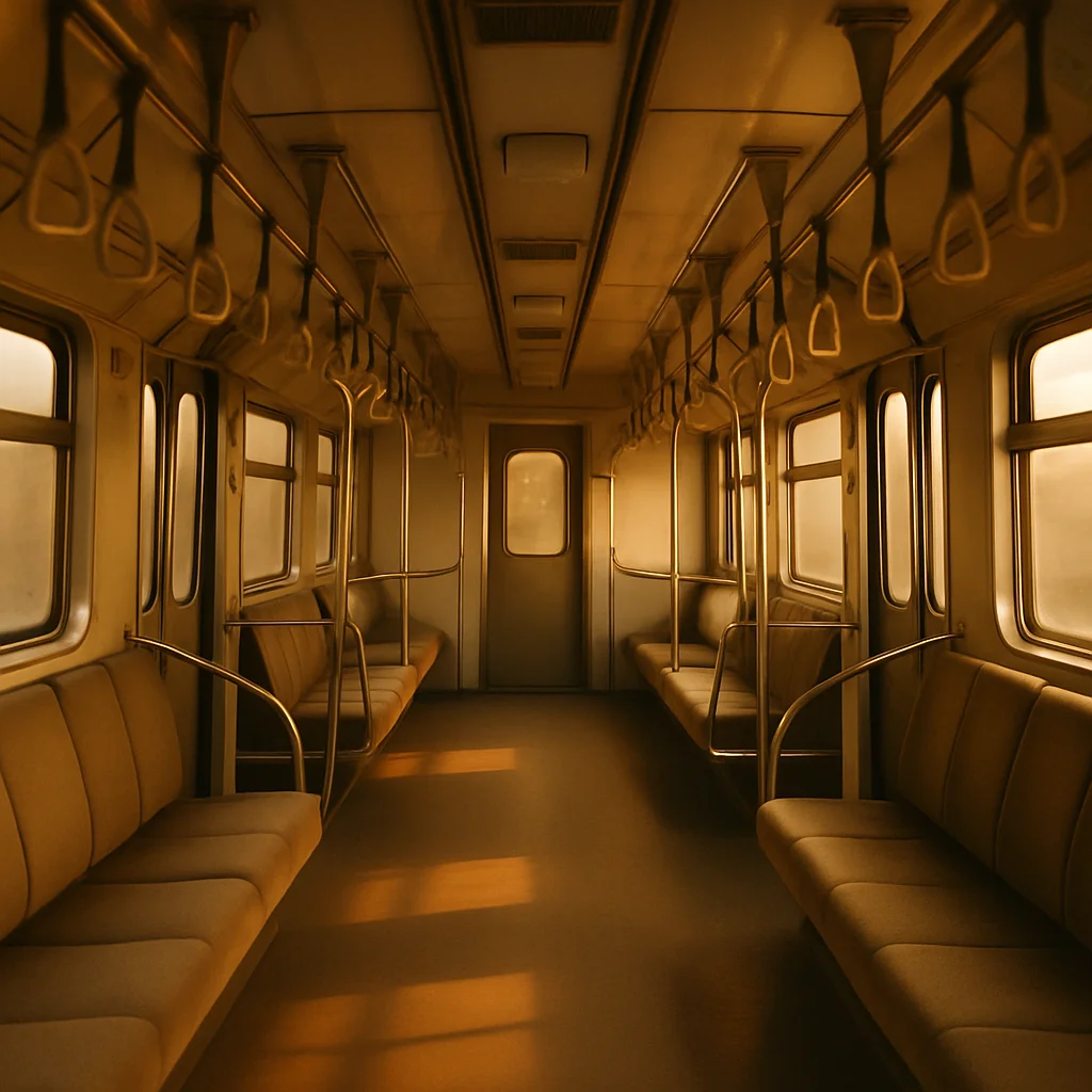 An empty subway car interior bathed in warm, golden light from the windows.