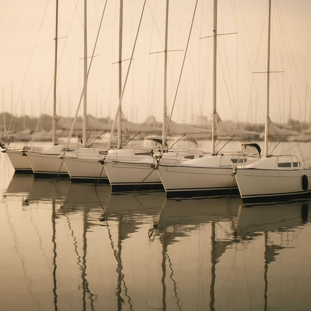 Several white sailboats are docked in a marina, their masts reflecting in calm water.
