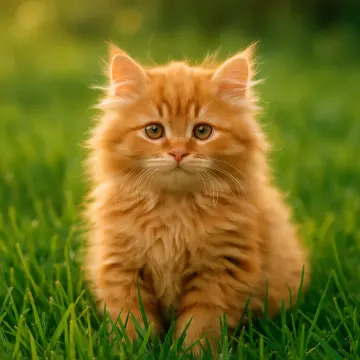 A fluffy orange kitten with big eyes sits in vibrant green grass.