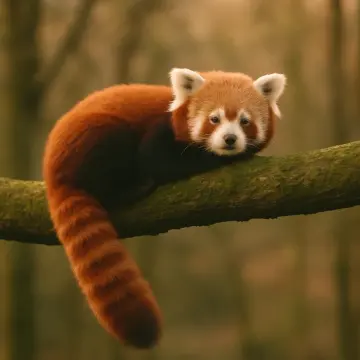 Jigsaw puzzle: A red panda with reddish fur and a ringed tail rests on a mossy tree branch.