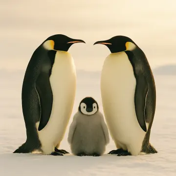 Jigsaw puzzle: Two adult emperor penguins and their fluffy chick stand together on a snowy landscape.