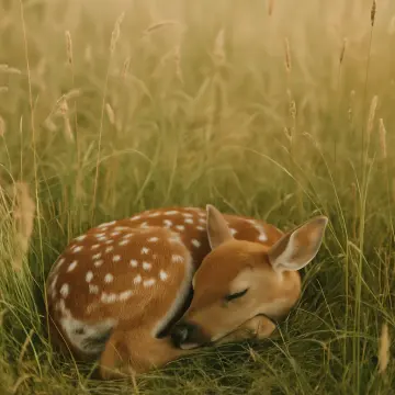 Jigsaw puzzle: A spotted fawn sleeps curled up in a field of golden-green tall grass.