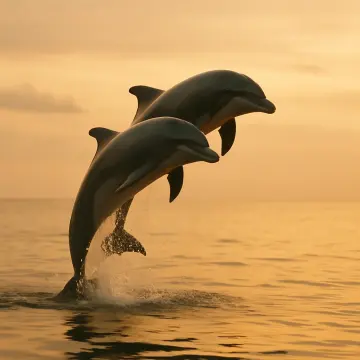 Jigsaw puzzle: Two dolphins leap gracefully from the golden ocean water against a warm, setting sun.