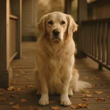 A beautiful Golden Retriever dog sits patiently on a wooden porch with scattered autumn leaves.