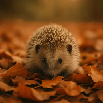 Jigsaw puzzle: A small hedgehog with spiky fur peeks out from a bed of orange autumn leaves.