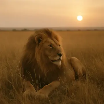 A male lion with a magnificent mane rests in golden savanna grass at sunset.