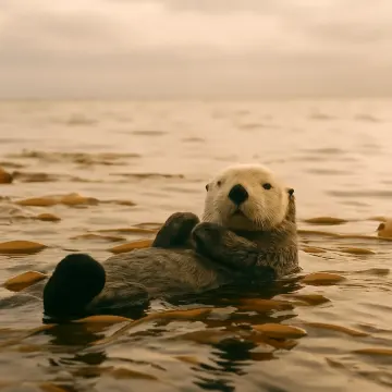 A sea otter floats on its back in calm, brownish-gold water, looking directly forward.