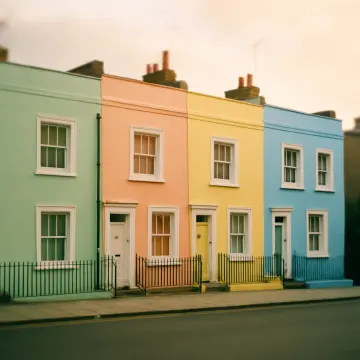 A row of four terraced houses painted in pastel green, peach, yellow, and blue.