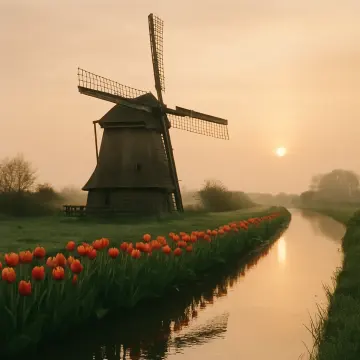 Jigsaw puzzle: A traditional Dutch windmill stands beside a canal lined with vibrant orange tulips at sunset.