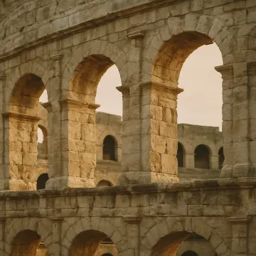 Jigsaw puzzle: A close-up view of ancient stone arches bathed in warm, golden light.
