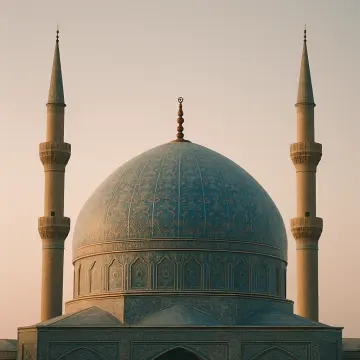 Jigsaw puzzle: An ornate mosque with a large blue dome and two tall minarets against a pale sky.
