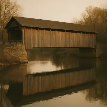 Jigsaw puzzle: A wooden covered bridge spans a calm river, reflecting beautifully under a muted sky.
