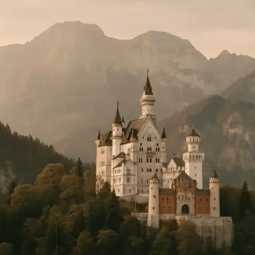 Jigsaw puzzle: Neuschwanstein Castle, a stunning white and red structure, rises from a forested hill.